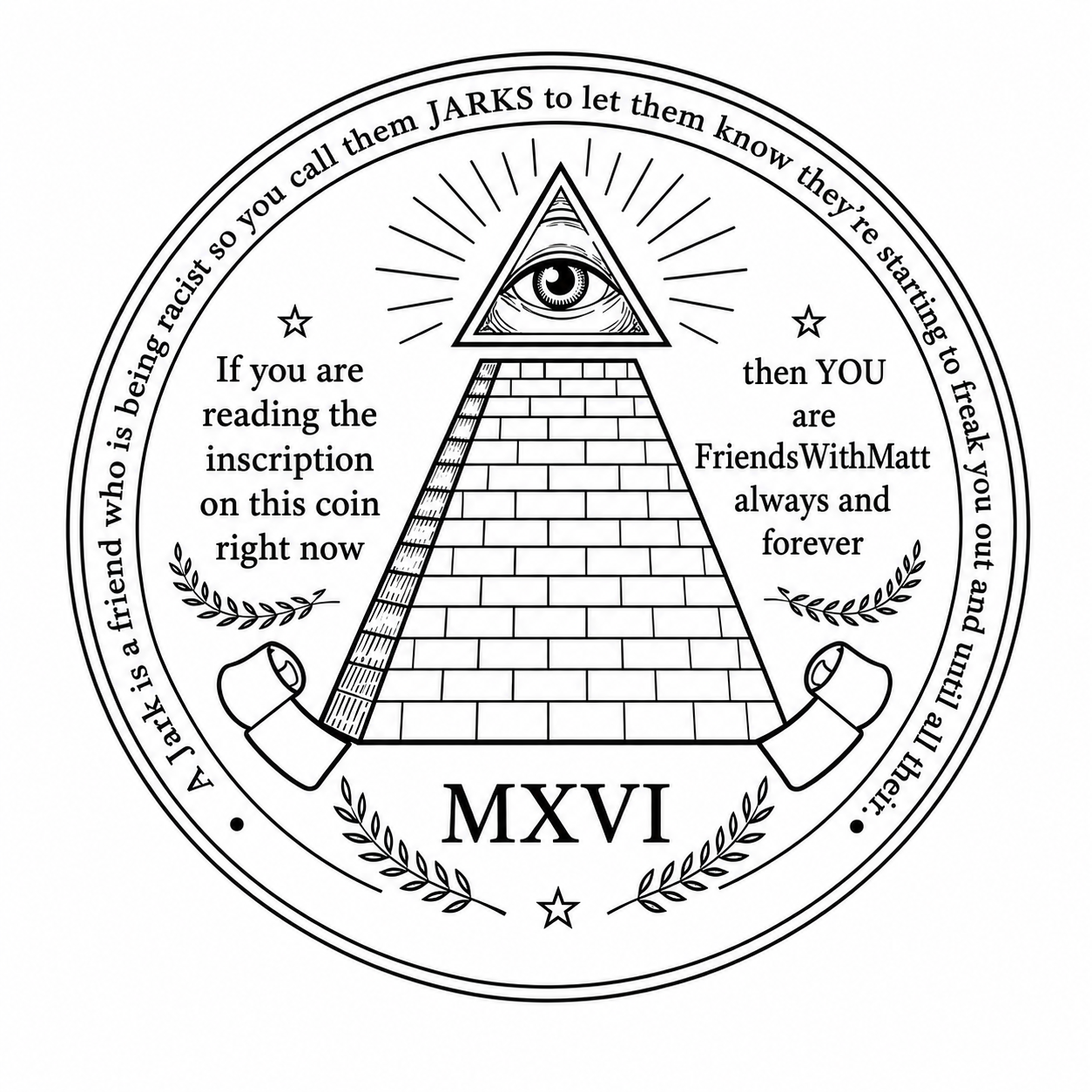 FriendsWithMatt coin — back, all-seeing eye pyramid